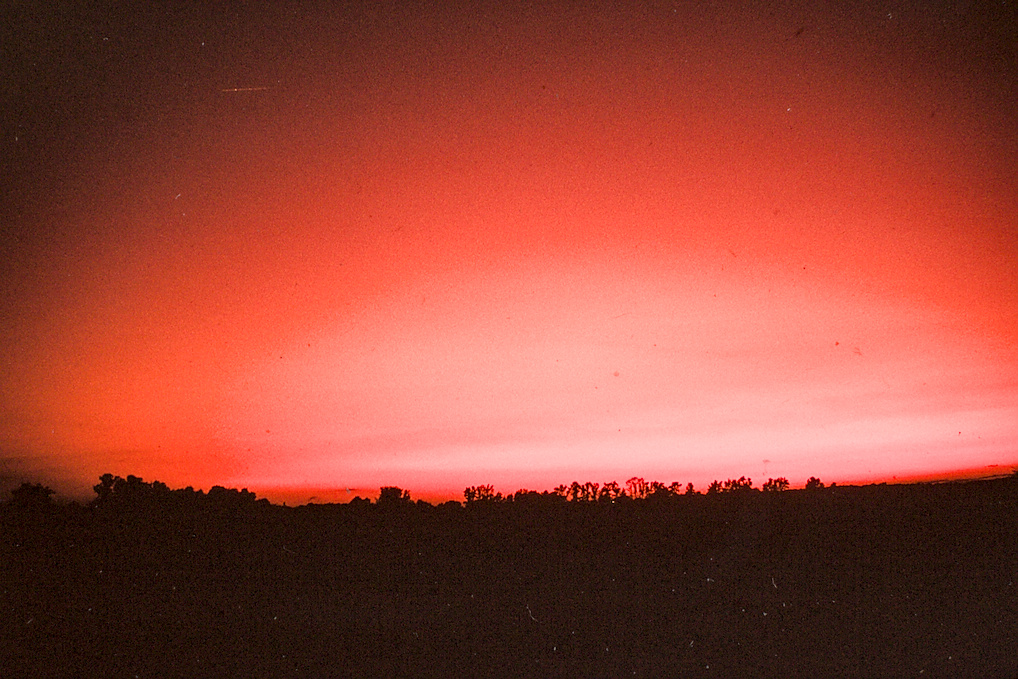 colour photo of red glowing sunset over tree line horizon