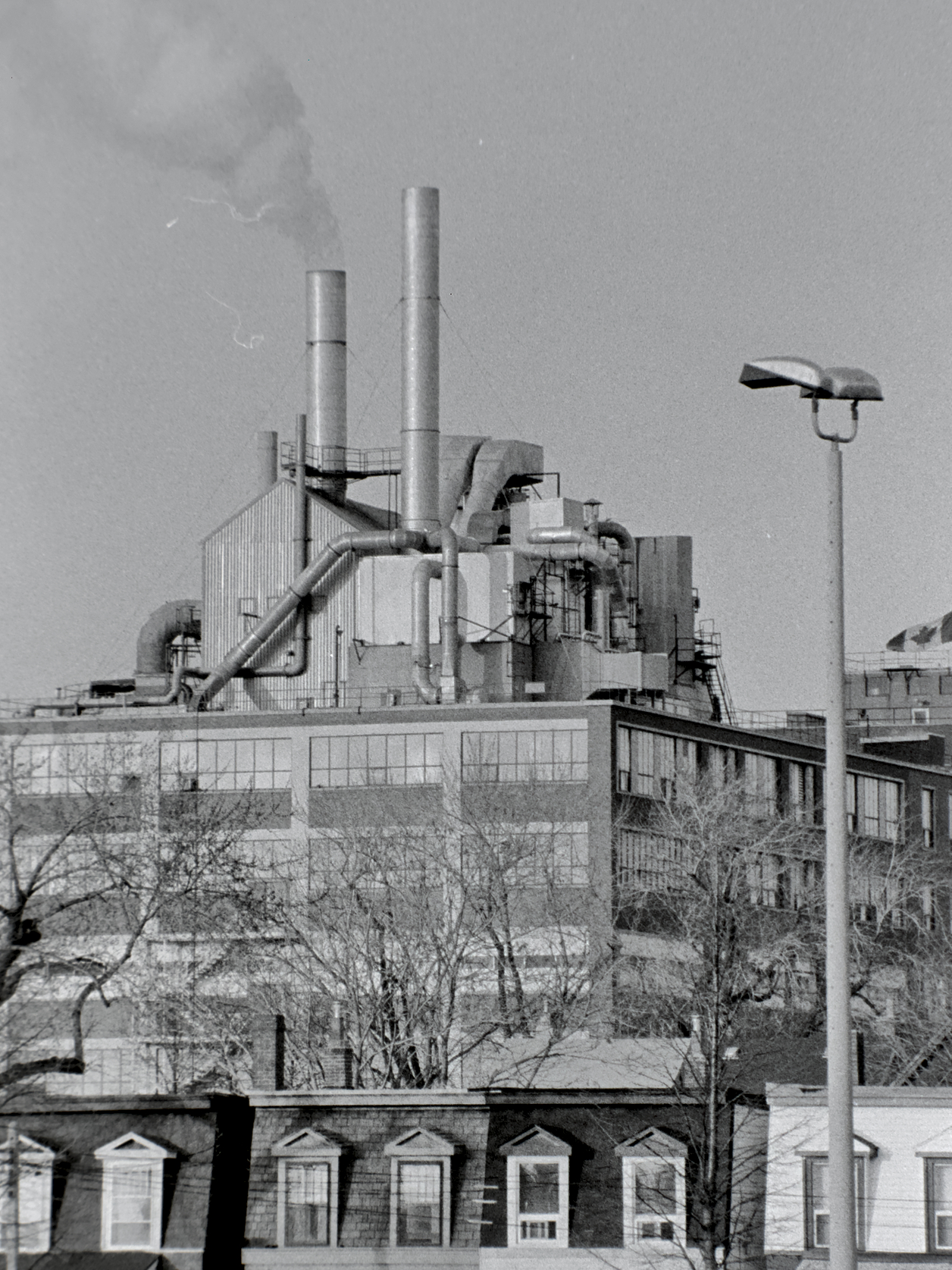 black and white photo of a factory with smokestacks rising behind a row of townhouses